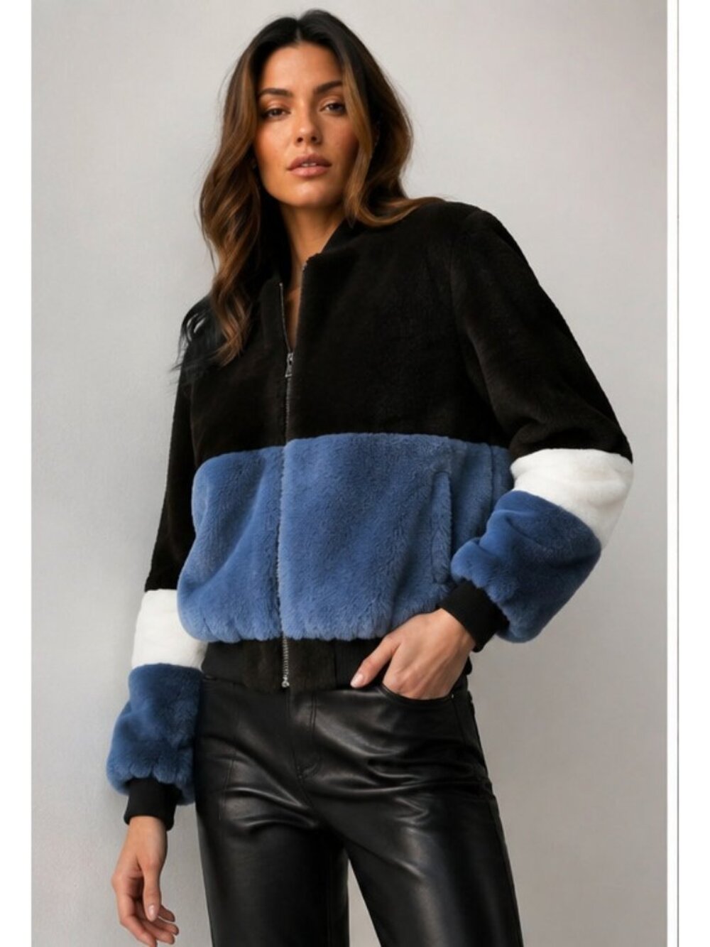 APPARIS Colorblock Faux Fur Bomber Jacket Blue Olive White Plush Coat Size L